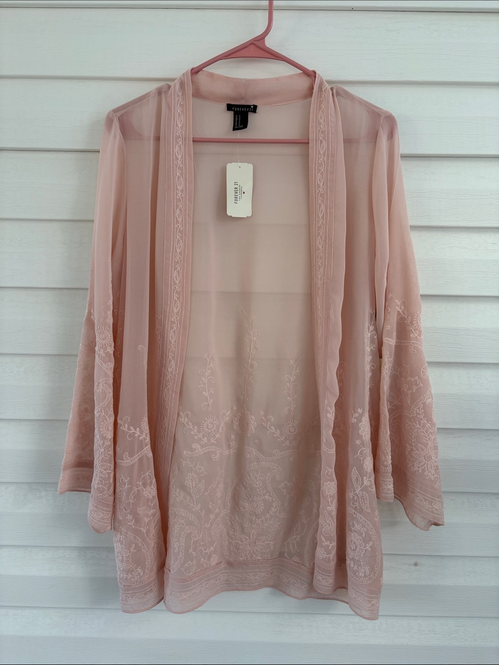Forever 21 NWT Pink Embroidered Sheer Kimono Duster M Boho Romantic